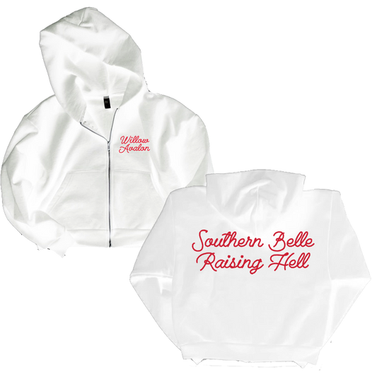 SOUTHERN BELLE RAISING HELL CROP ZIP HOODIE (WHITE)